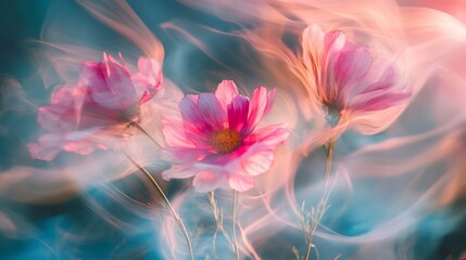 Pink Cosmos Flowers in Dreamy Smoke: A Soft, Ethereal Art Print