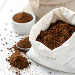 Caffeine in white sack on white background