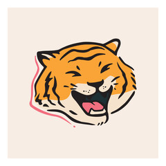 Cute laughing tiger head on light background. Hand drawn vector illustration for t-shirt prints, stickers, cards.