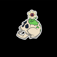 Colorful psychedelic sticker, skull with a blooming happy flower, surreal and vibrant trippy design with abstract details.