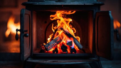 Vintage stove with its door open and burning logs
