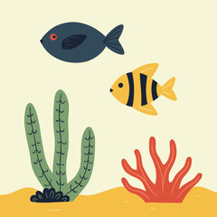 Two whimsical fish swim amongst colorful coral and aquatic plants in a simple, cheerful underwater scene.