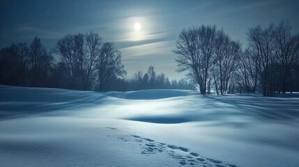 Fototapeta premium Serene Winter Night: Moonlit Snowscape with Silhouetted Trees