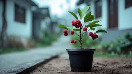Recently potted mulberry producing abundant fruit