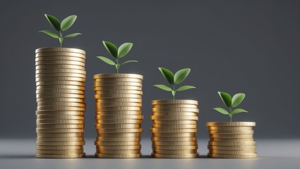 Piles of coins organized in increasing order on a dark surface. Coin edges with grooves. Economic development, idea. Financial progress.