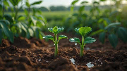 Two youthful plant sprouts with lush green foliage rising from fertile soil, featuring a water droplet on one leaf. Perfect for concepts of growth and fresh starts.
