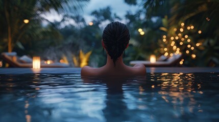 Tranquil Evening at a Tropical Resort: A Woman Relaxes in a Private Pool Surrounded by Lush Greenery and Soft Lighting