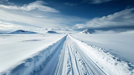 Serene Winter Landscape: Snow-Covered Path Through Arctic Mountains