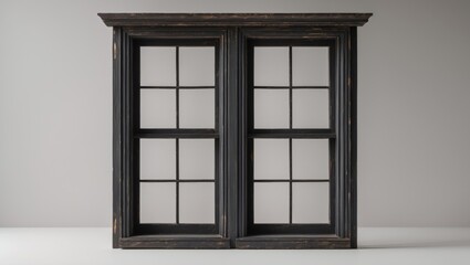 Isolated background featuring an old wooden window frame painted in black vintage style