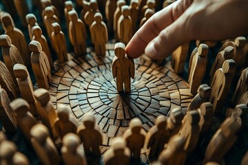 Wooden Figures Circle with Hand Placing Individual in the Middle, Detailed Texture