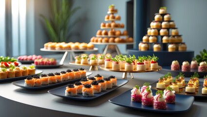 Guests served mini burgers with meat at the table. Catering and meal offerings. A beautiful and abundant table with shrimp, canapes, rolls.