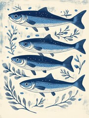 Blue fish illustration with artistic plants
