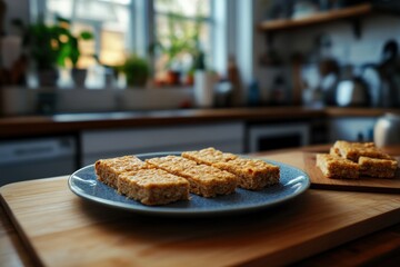 Homemade granola bars on a blue plate in a kitchen.
