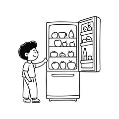 Child reaching an opened refrigerator filled with fruits and drinks