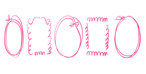 Doodle coquette frames with bows. Vintage line wavy border with ribbons set. Vector cute scribble curly rectangle and oval template foe holiday menu. Minimalistic cadre birthday hand drawn.