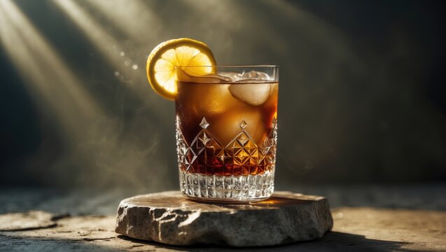 Negroni cocktail featuring gin and topped with lemon peel.