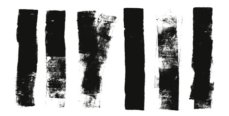 Straight thick grunge underlines. Linocut rolled brush stroke set. Handmade ink rectangle rough stamp. Vector black paint lines photocopy shapes. Dry marker or brayer smear textures. Distressed grange