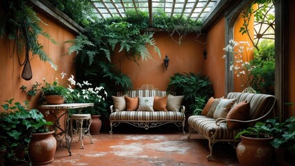 Obraz premium Veranda Interior with Vintage Wooden Furniture and Green Plants