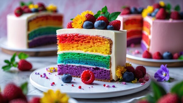 A variety of cakes on a white tray including rainbow, raspberry, and almond cake, embellished with fresh berries and flowers.