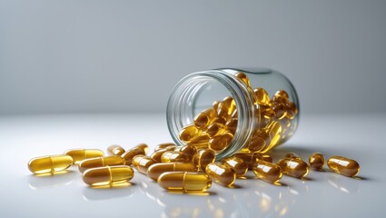 Capsules of Omega 3 fish oil cascading out of a bottle on a background
