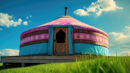 Open entrance of a Kyrgyz yurt adorned with traditional ornaments.