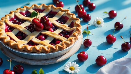 Appetizing cherry pie presented on a wooden table with a bright filling and golden crust, professional food photography, attractive dessert setup.