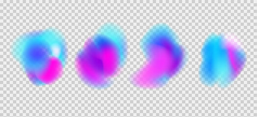 Irregular fluid gradient shapes set. Vector bold organic liquid splashes. Glow bright blobs with translucent forms. Uneven modern y2k figures. Colorful fluorescent blobs with gradation.