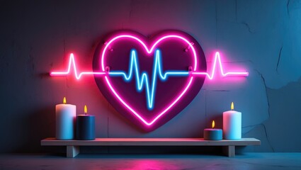 Home decor featuring a pink and blue neon heart sign. Fashionable style. Neon light. Modern interior design. Trendy background.