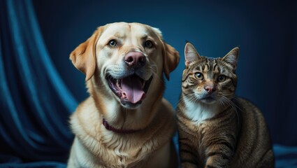 Obraz premium Background featuring a panting Labrador retriever and a cat