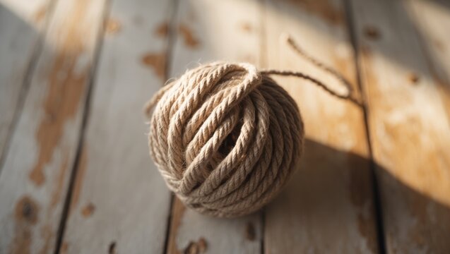 Organic fabric products featuring a natural jute rope ball on a wooden surface