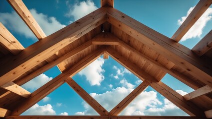 Obraz premium New timber truss framework featuring beams and wooden roofing