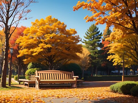 Anime park during autumn with golden leaves falling, wooden benches, and a peaceful, nostalgic mood.