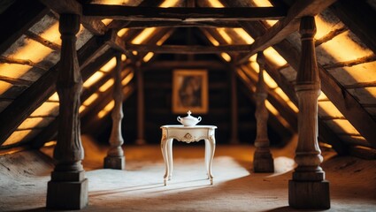 Interior view of a quaint, furnished cottage. Wooden beams on the walls and roof.