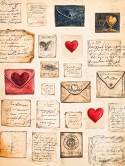 Vintage love letters and envelopes with heart designs on aged paper