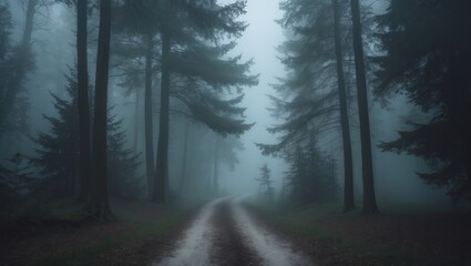 Fototapeta premium This image showcases the enchanting allure of a woodland path vanishing into a dense layer of mist.