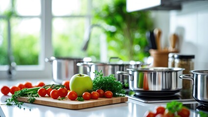 Kitchen equipped with a modern table, electric stove, cooking utensils, and fresh vegetables