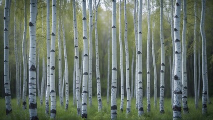 Obraz premium Birch trees in the forest, springtime birch woodland, panoramic view of large and small birches in the forest
