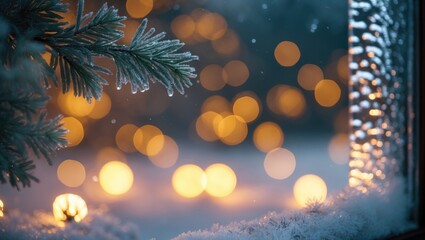 Cozy atmosphere of warm Christmas lights glowing through a frosty window adorned with ice crystals and a pine tree branch in the foreground