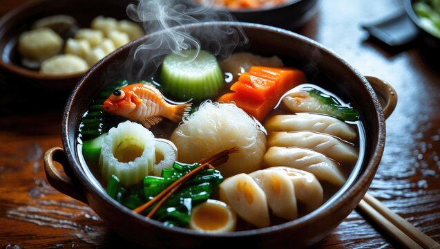 Japanese oden featuring a variety of vegetables, fish dumplings, and other food articles.