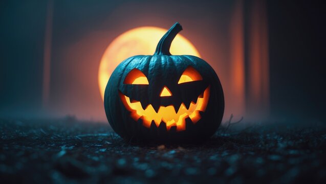 Smiling Halloween pumpkin and spooky eyes for the party evening. Detailed view of a scary pumpkin with glowing eyes in the background. Selective focus