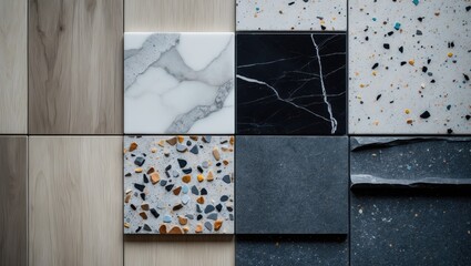 Mix of interior material samples featuring marble, stone texture tiles, laminated wood flooring, and terrazzo with large stone fragments.