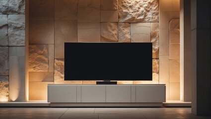 Big flat-screen television on a white shelf, stone wall