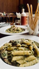 Close-up of creamy pesto penne pasta garnished with parmesan, served in a cozy restaurant setting—perfect for Italian cuisine, dining, and food-themed visuals.