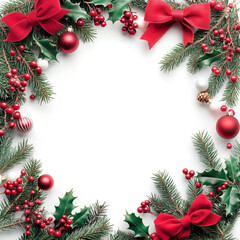 Festive Christmas Border Design Red Bows, Holly, Berries & Pine Branches