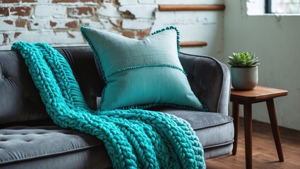 Woolen knitted blanket draped over sofa in interior setting