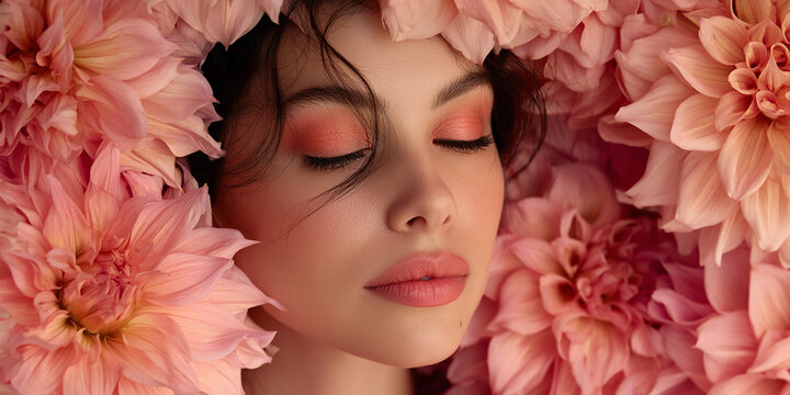 Close-up of a woman's face surrounded by peach-colored dahlia flowers, eyes closed, conveying serenity and beauty, ideal for beauty or spa concepts