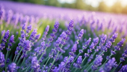 Fototapeta premium Springtime lavender flowers illuminated by sunlight. Detailed view of lilac blossoms. Gorgeous nature scenery with a panoramic perspective. Lengthy banner