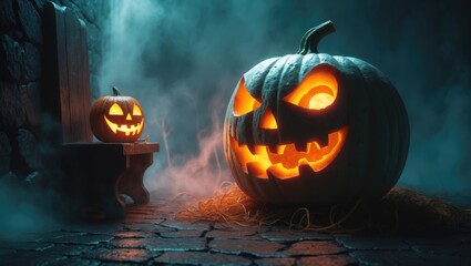 On the left side of a wooden product display, a spooky glowing carved lantern stands against a dark stone wall lit from overhead.