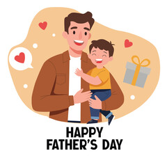 Happy Father’s Day Vector – Father and Son Hug Illustration with Love, Smiles, and Gift Icons

