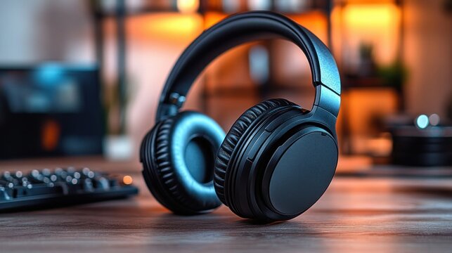 Over-ear headphones on a wooden desk